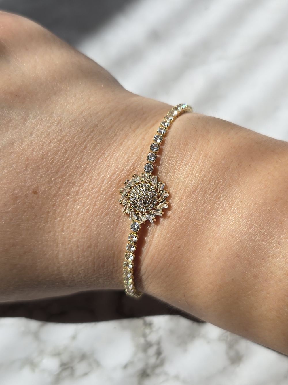Gold Plated Sunburst Cubic CZ Tennis Bracelet - Women Jewelry✨